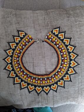 Handmade Beaded Statement Necklace in Black, Yellow & Red